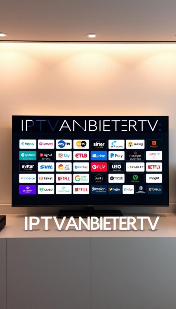 A sleek, modern digital display showcasing a comprehensive comparison of top IPTV providers in Germany. The foreground features the prominent brand name "IPTVANBIETERTV", rendered in a bold, minimalist typography against a clean, neutral background. The middle ground presents a grid of provider logos, each neatly arranged to highlight their unique features and offerings. The background subtly incorporates dynamic visualizations, such as streaming data graphs and signal strength indicators, to convey the technical capabilities of these IPTV services. The overall scene is illuminated by a warm, inviting lighting scheme, creating a sense of professionalism and trust. The composition is balanced, with a focus on clarity and user-friendliness, making it an ideal illustration for the article's section on IPTV provider comparison.