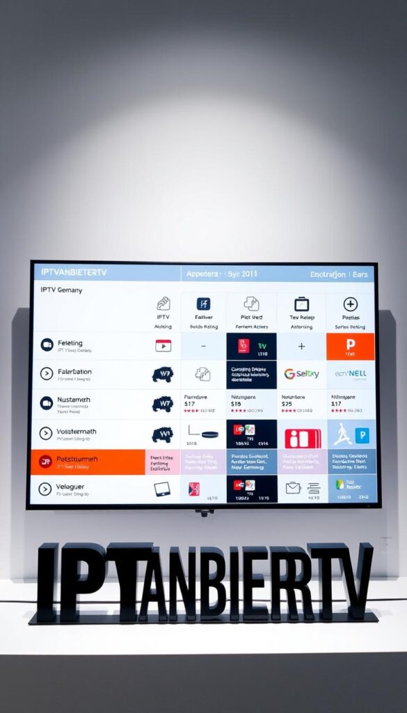 A sleek, modern digital display showcasing a side-by-side comparison of popular IPTV service providers in Germany. The foreground features the IPTVANBIETERTV brand logo, rendered in a bold, minimalist style. The middle ground depicts detailed tiles with icons and key information about various IPTV offerings, highlighting their features, pricing, and user ratings. The background is a subtle gradient, creating a clean, professional atmosphere. The lighting is soft and even, with a slight directional source to add depth and dimension. The camera angle is slightly elevated, giving an overview of the comparative layout. The overall mood is informative, authoritative, and visually appealing, perfectly suited to illustrate the "Die beliebtesten IPTV-Anbieter in Deutschland" section of the article.