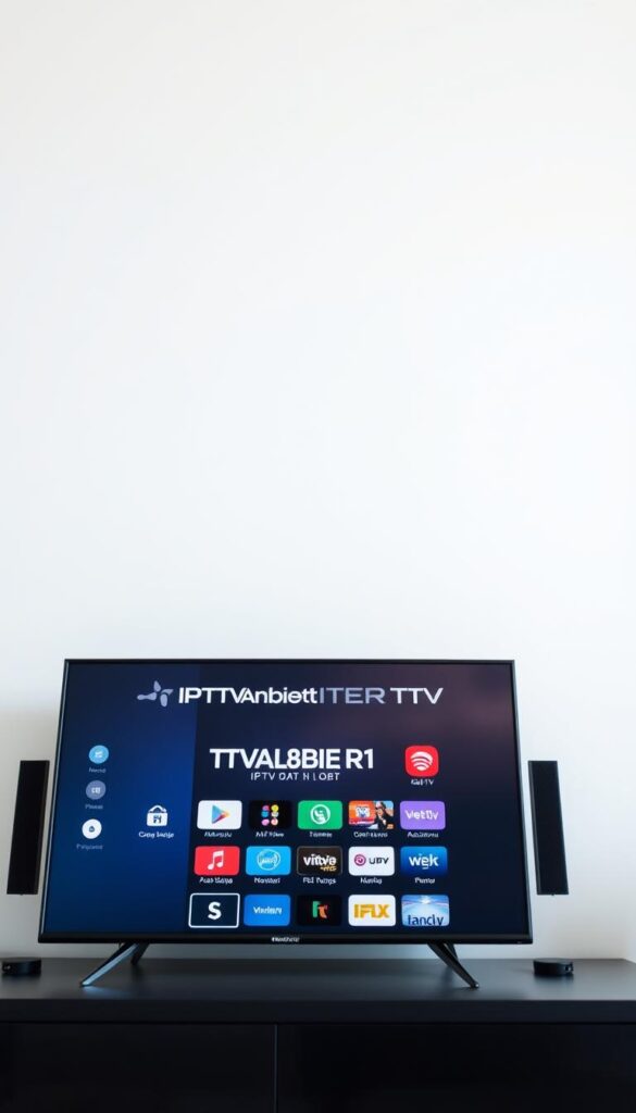 A sleek, modern digital screen displaying the IPTVANBIETERTV brand name, showcasing a variety of IPTV service options against a minimalist, light-colored background. The screen is positioned in the foreground, with a subtle, soft-focus background adding depth and a sense of professionalism. The lighting is balanced, creating a clean, inviting atmosphere that highlights the screen's display. The camera angle is slightly elevated, providing a slightly elevated, authoritative perspective on the IPTV offerings. The overall composition conveys a sense of quality, reliability, and the ability to easily test and evaluate IPTV providers.