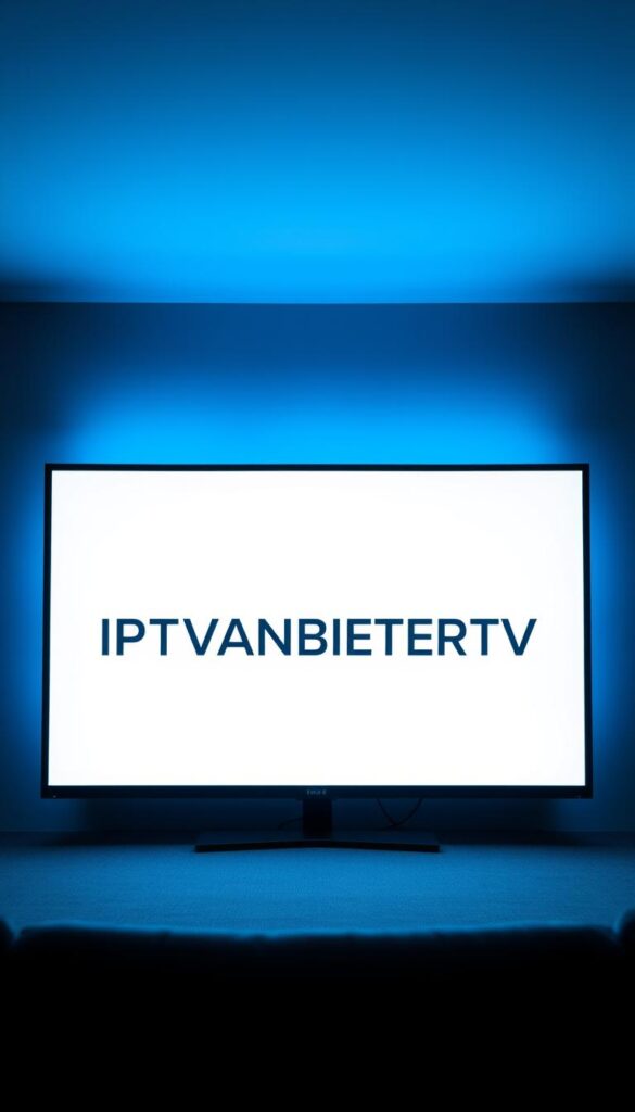 A sleek, modern digital screen displays the prominent "IPTVANBIETERTV" logo, bathed in a cool, minimalist aesthetic. The screen is set against a sophisticated backdrop of muted greys and blues, hinting at the technology and innovation behind the brand. Subtle lighting accentuates the screen's depth and clarity, drawing the viewer's attention to the core product. The composition is balanced, with a clean, uncluttered layout that conveys a sense of professionalism and reliability. The overall mood is one of high-quality, cutting-edge entertainment, perfectly suited to showcasing the best in live sports and premium content.