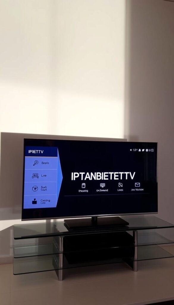 A sleek, modern digital television displaying the IPTVANBIETERTV brand logo, sitting on a minimalist glass or metal entertainment center. The screen showcases a clean, intuitive user interface with icons and visuals illustrating the core concepts of IPTV, such as streaming, on-demand content, and live television. The lighting is soft and directional, creating a sense of depth and highlighting the sophisticated design. The overall atmosphere conveys a professional, high-tech environment suitable for an article on understanding the fundamentals of IPTV.