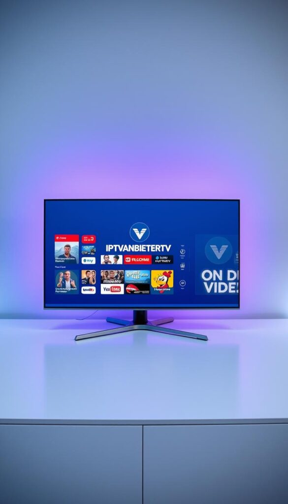 A sleek, modern digital television displaying the IPTVANBIETERTV brand logo, surrounded by a minimalist, high-tech interface. The screen is crisp and vibrant, showcasing a diverse range of live TV channels and on-demand content. The device is positioned on a clean, white surface, with subtle lighting illuminating the scene. The overall atmosphere conveys a sense of advanced technology, convenience, and entertainment at the user's fingertips.