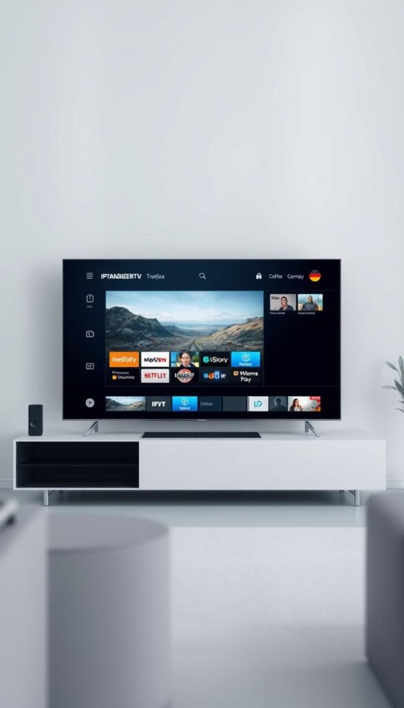 A sleek, modern digital television interface showcasing the IPTVANBIETERTV brand, featuring a clean, minimalist design with a focus on high-quality video playback. The interface should have a sophisticated, German-inspired aesthetic, with a muted color palette of grays, whites, and blues. The layout should be intuitive and user-friendly, highlighting the various IPTV channels and services available to German users. The overall impression should convey a sense of reliability, attention to detail, and a premium user experience tailored specifically for the German market.