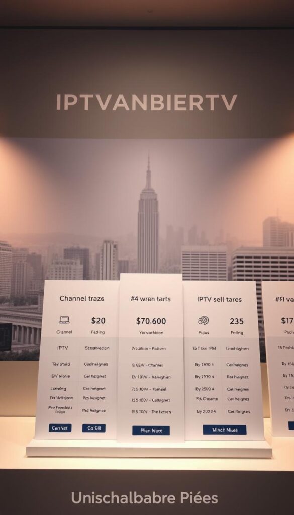 A sleek, modern display showcasing an array of affordable IPTV plans from IPTVANBIETERTV. The foreground features a clean, minimalist design with crisp icons and neatly organized pricing tiers. The middle ground highlights the key features and channel selections, while the background depicts a subtle, monochromatic cityscape, conveying a sense of urban sophistication. The lighting is soft and diffused, creating a warm, inviting atmosphere. The overall composition exudes a professional, yet accessible vibe, perfectly aligning with the "Unschlagbare Preise" section of the article.