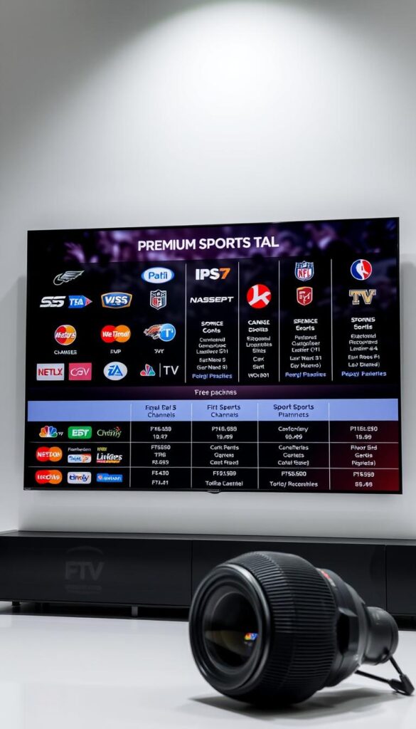 A sleek, modern display showcasing the IPTVANBIETERTV sports package options. In the foreground, an array of premium sports channels with icons and logos, presented against a clean, minimalist background. The middle ground features several pricing tiers, each with a clear breakdown of channels and services included, rendered in a simple, easy-to-understand format. The background subtly suggests the excitement of live sports, with faint crowd noise and a sense of energy, yet maintaining a professional, polished aesthetic. Crisp, realistic lighting and a high-quality camera lens ensure a visually striking and informative representation of the IPTVANBIETERTV sports package offerings.