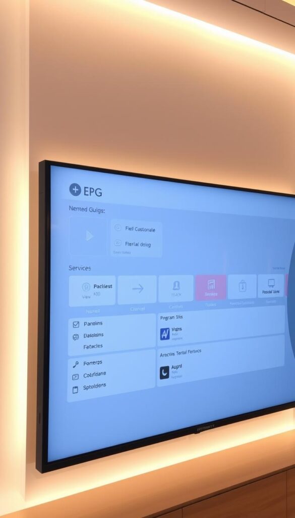 A sleek, modern electronic program guide (EPG) display showcased on a large IPTVANBIETERTV screen. The interface features a clean, minimalist design with crisp, high-contrast typography and intuitive iconography. The background is a soft, muted gradient, drawing focus to the central EPG layout which presents channel listings, program details, and intuitive navigation controls. Subtle lighting from behind the display casts a warm, inviting glow, creating a sense of depth and professionalism. The overall scene conveys the importance and utility of the EPG as a essential tool for navigating and discovering IPTV content.