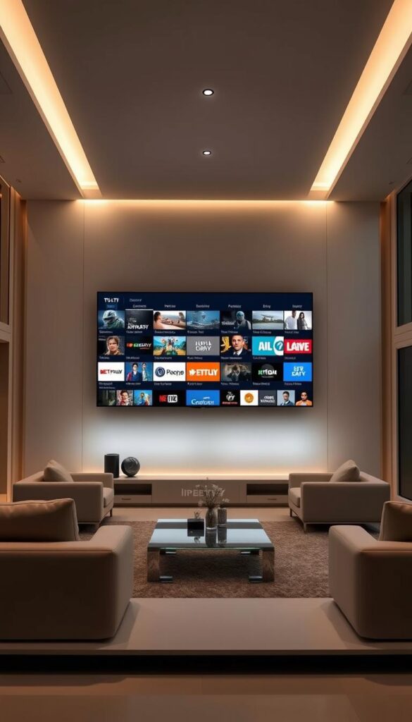 A sleek, modern entertainment center showcasing the diverse IPTVANBIETERTV programming offerings. In the foreground, a large, high-definition screen displays a variety of channels, from news and sports to movies and documentaries. The middle ground features elegant minimalist furniture, creating a sophisticated living room setting. In the background, subtle ambient lighting and floor-to-ceiling windows provide a sense of depth and luminosity, conveying a premium, high-end atmosphere. The overall scene exudes a sense of comfort, quality, and the vast array of entertainment options available through the IPTVANBIETERTV service.