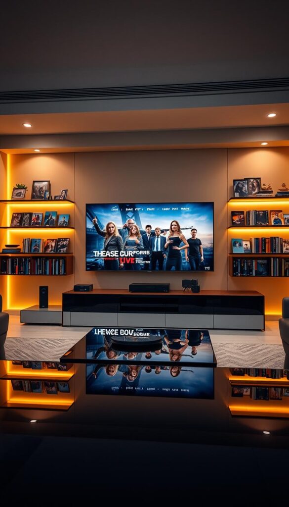 A sleek, modern entertainment hub showcasing the diverse IPTVANBIETERTV serienangebot. A sophisticated living room setting with minimalist furniture and warm, ambient lighting. The focus is a large, high-definition television display, surrounded by shelves showcasing a vast selection of premium TV series. The scene exudes a sense of cozy, immersive binge-watching, inviting the viewer to dive into the captivating world of IPTVANBIETERTV's extensive series lineup. Subtle reflections on the glossy entertainment center add depth and sophistication to the composition. An inviting, cinematic atmosphere that captures the essence of the IPTV provider's premium series offering.