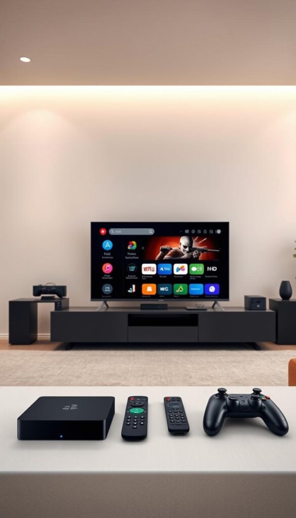 A sleek, modern entertainment system with multiple IPTVANBIETERTV-compatible devices prominently displayed. The foreground showcases a high-end smart TV, streaming box, and gaming console, all seamlessly integrated. The middle ground features various remote controls and peripheral devices, highlighting the wide range of compatibility. The background subtly depicts a minimalist living room setting, with clean lines and neutral tones to emphasize the technological focus. Soft, directional lighting casts a warm glow, creating an inviting and immersive atmosphere. The overall composition conveys the versatility and user-friendliness of the IPTVANBIETERTV platform, catering to a tech-savvy audience.