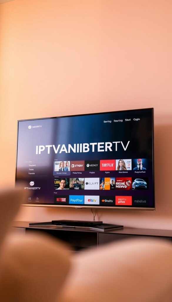 A sleek, modern flat-screen television prominently displaying the "IPTVANBIETERTV" brand name, set against a minimalist background. The display showcases a well-curated selection of streaming service options, highlighting the platform's comprehensive IPTV offerings. The scene is bathed in warm, soft lighting, creating a cozy and inviting atmosphere. The television is positioned at a slight angle, giving the image a dynamic and engaging composition. The overall impression conveys the IPTVANBIETERTV platform as a reliable, high-quality IPTV service trusted by the Reddit community.