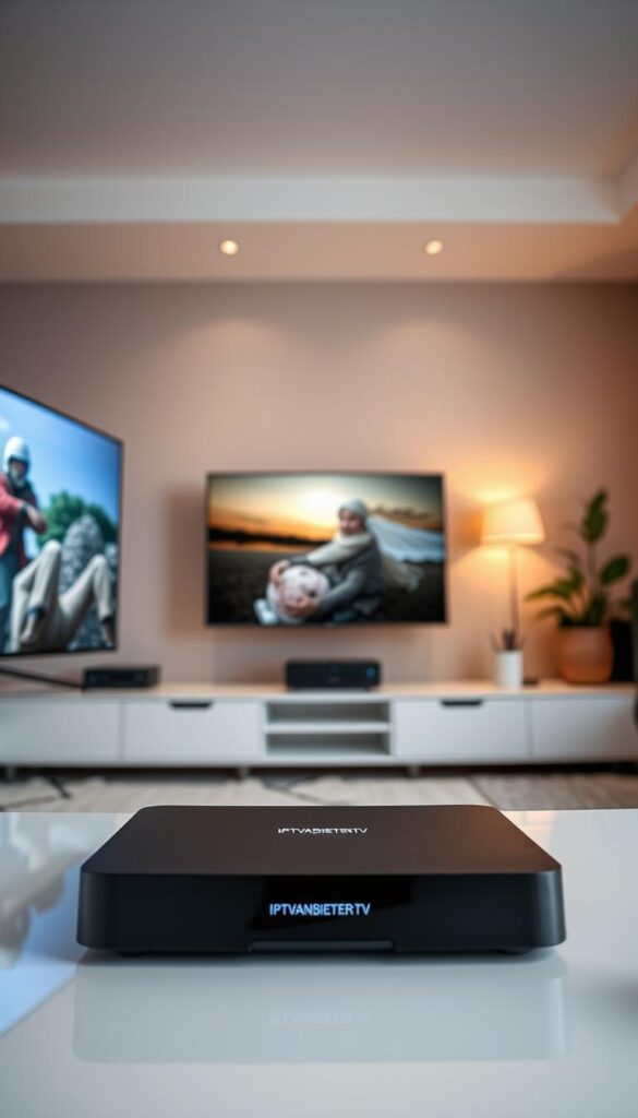 A sleek, modern home entertainment setup featuring the IPTVANBIETERTV service. In the foreground, a high-end television screen displays crystal-clear, 4K video, while in the middle ground, a minimalist media center houses the IPTVANBIETERTV set-top box. The background is a warm, cozy living room with soft lighting and clean, contemporary decor, creating an inviting atmosphere for seamless, hassle-free IPTV enjoyment. The entire scene conveys the ease and simplicity of accessing a wide range of live and on-demand content through the IPTVANBIETERTV platform, making it the perfect choice for legal, high-quality IPTV in Germany. A sleek, modern home entertainment setup featuring the IPTVANBIETERTV service. In the foreground, a high-end television screen displays crystal-clear, 4K video, while in the middle ground, a minimalist media center houses the IPTVANBIETERTV set-top box. The background is a warm, cozy living room with soft lighting and clean, contemporary decor, creating an inviting atmosphere for seamless, hassle-free IPTV enjoyment. The entire scene conveys the ease and simplicity of accessing a wide range of live and on-demand content through the IPTVANBIETERTV platform, making it the perfect choice for legal, high-quality IPTV in Germany.