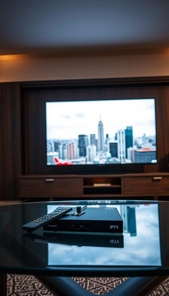 A sleek, modern home entertainment setup with a large flat-screen TV displaying high-quality IPTV streaming. The TV is surrounded by a minimalist entertainment center in dark wood tones. The lighting is warm and indirect, creating a cozy, cinematic atmosphere. In the foreground, a remote control and a brand new IPTVANBIETERTV media box sit on a glass coffee table, emphasizing the seamless integration of streaming technology. The background features a large window overlooking a cityscape, suggesting the flexibility and connectivity of the IPTV system. The overall scene conveys a sense of cutting-edge technology, premium quality, and immersive viewing experience.