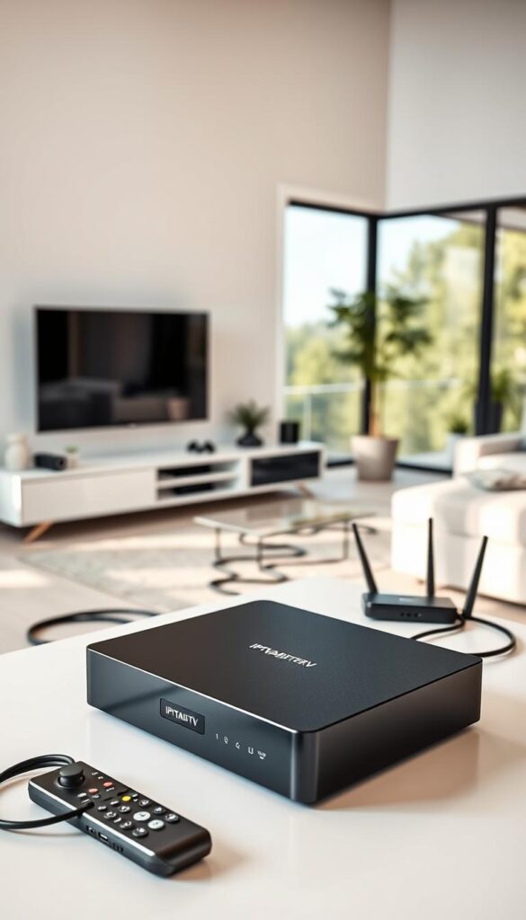 A sleek, modern home entertainment system with an IPTVANBIETERTV server at its heart. In the foreground, a minimalist black set-top box rests on a clean, white surface, its crisp lines and subtle branding conveying a sense of high-tech sophistication. The middle ground reveals a neatly organized tangle of cables, seamlessly connecting the various components - a high-definition television, a wireless controller, and a state-of-the-art router. The background showcases a contemporary living room, with large windows flooding the space with warm, natural light, and modern furniture creating a calming, uncluttered ambiance. The overall scene exudes a sense of effortless convenience, inviting the viewer to imagine the seamless integration of the IPTVANBIETERTV server into their daily life.