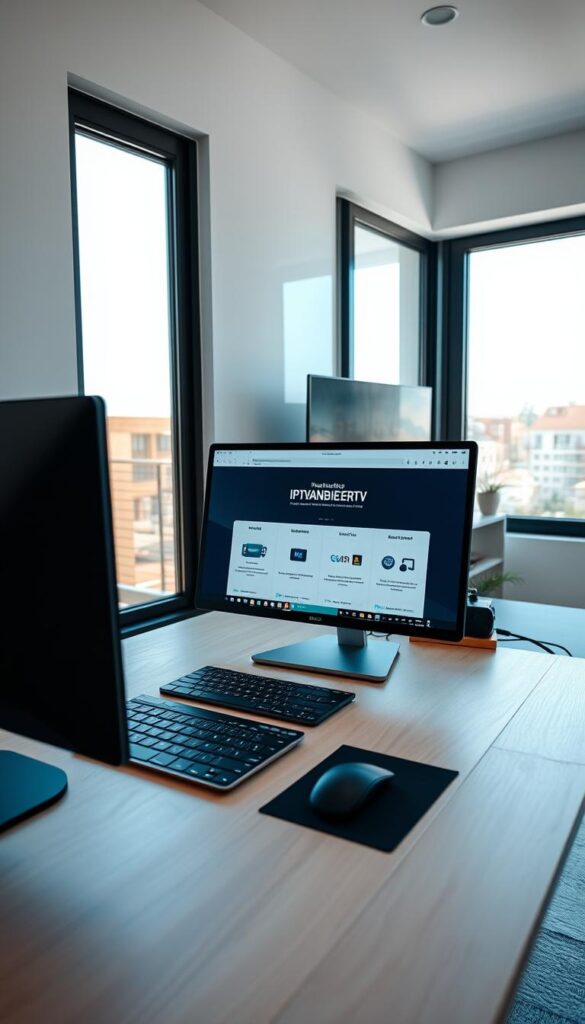A sleek, modern home office setup with a desktop computer, keyboard, and mouse on a clean, minimalist wooden desk. The desk is positioned in front of a large window, allowing natural light to flood the space. On the desktop, the IPTVANBIETERTV website is open, displaying instructions for installation and setup. A smart TV is visible in the background, showcasing the IPTVANBIETERTV interface. The overall scene conveys a sense of efficiency and technological integration, reflecting the article's focus on the practical aspects of using IPTVANBIETERTV.