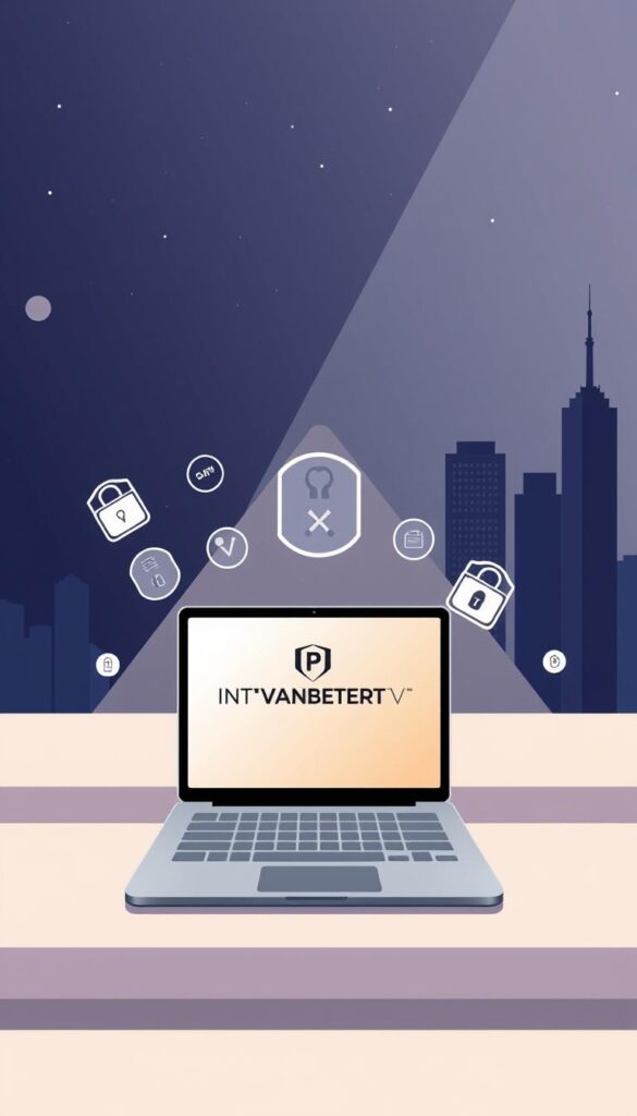 A sleek, modern illustration depicting digital privacy and security measures for adult content streaming. In the foreground, a stylized laptop screen displays the IPTVANBIETERTV logo, surrounded by floating icons representing data encryption, secure connections, and user privacy controls. The middle ground features abstract geometric shapes and gradient backgrounds, conveying a sense of technological sophistication. In the background, a minimalist cityscape with skyscrapers and a starry night sky creates a sophisticated, urbane atmosphere. The overall mood is one of high-tech professionalism, digital security, and responsible adult content consumption.