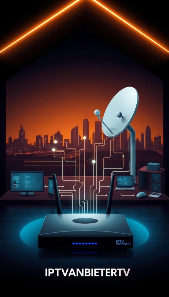 A sleek, modern illustration depicting the inner workings of an IPTV system. In the foreground, a stylized satellite dish and router device, surrounded by a network of connected devices such as smart TVs, smartphones, and laptops. In the middle ground, a series of digital signals and data streams flow between the various components, illustrating the seamless transmission of content. In the background, a minimalist cityscape with skyscrapers and infrastructure, representing the broader internet and telecommunications landscape. The scene is illuminated by a warm, soft lighting, creating a sense of technological sophistication and efficiency. The IPTVANBIETERTV brand logo is prominently displayed in the lower right corner.