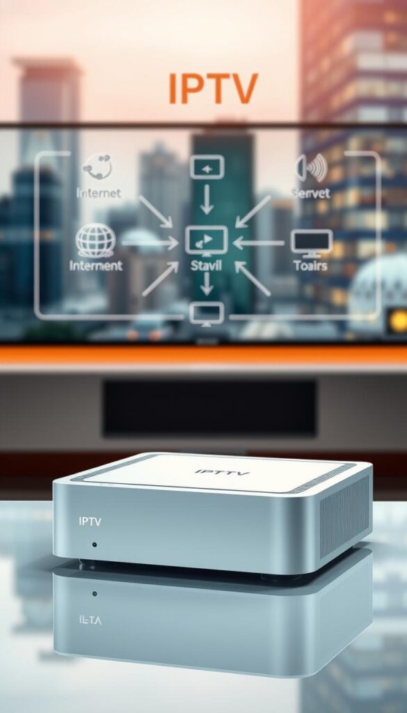 A sleek, modern illustration depicting the key elements of IPTV technology. In the foreground, a sophisticated IPTVANBIETERTV set-top box with clean, minimalist design sits atop a glossy surface. Behind it, a detailed diagram showcases the IPTV signal flow, from the internet service provider to the user's device, with arrows and stylized icons illustrating the underlying concepts. The background features a blurred cityscape, conveying the digital, connected nature of IPTV. Warm, diffused lighting creates a sense of sophistication and approachability, guiding the viewer's eye through the various components. The overall impression is one of a sleek, technologically advanced solution for modern television viewing.