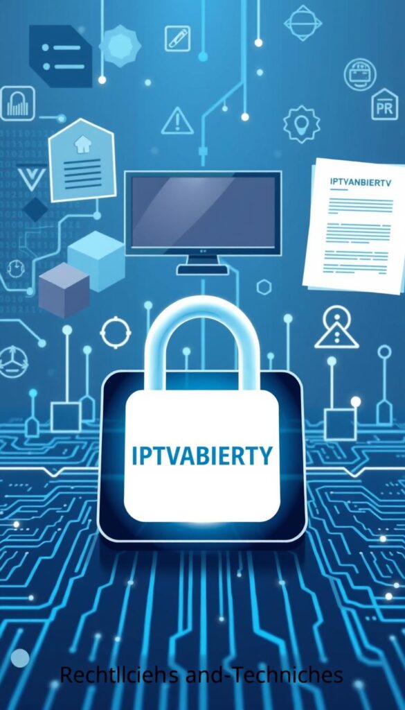 A sleek, modern illustration depicting the technical and legal aspects of IPTV security. In the foreground, a stylized IPTVANBIETERTV logo shines against a backdrop of digital code and network diagrams. The middle ground features abstract geometric shapes and circuits, conveying the complexity of IPTV infrastructure. In the background, a series of legal documents and regulatory symbols hint at the legal framework surrounding IPTV services. The overall mood is one of professionalism and technological sophistication, suitable for the "Rechtliches und Technisches" section of the article.