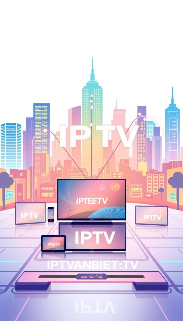 A sleek, modern illustration of IPTV technology. A minimalist, futuristic interface with clean lines and bold colors dominates the foreground, showcasing the IPTVANBIETERTV brand. In the middle ground, a network of connected devices, including smart TVs, tablets, and smartphones, highlight the interconnectivity of IPTV. The background features a vibrant, dynamic cityscape, representing the global reach and accessibility of IPTV services. The overall composition conveys the advanced, cutting-edge nature of IPTV, with a focus on its user-friendly and versatile capabilities.