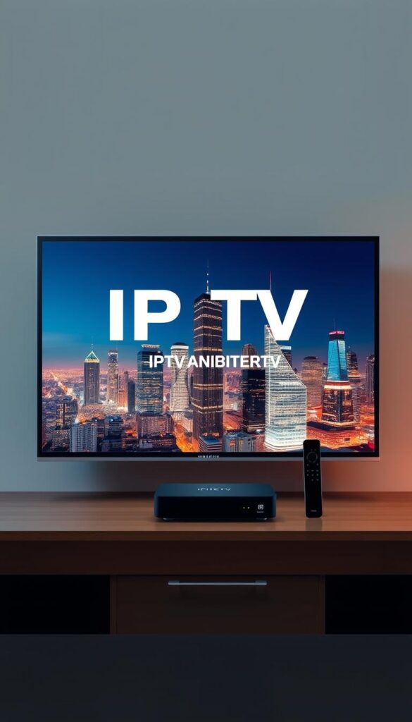A sleek, modern illustration of IPTV technology. In the foreground, a high-definition television screen displays a crisp, vibrant image, representing the clear and immersive viewing experience of IPTV. In the middle ground, a network of interconnected devices, such as a router, set-top box, and mobile devices, showcases the seamless integration and accessibility of IPTV. In the background, a cityscape with towering skyscrapers and a vibrant nighttime skyline, symbolizing the expansive reach and global nature of IPTV. The scene is illuminated by a warm, slightly muted lighting, creating a professional and sophisticated atmosphere. The brand "IPTVANBIETERTV" is prominently displayed, emphasizing the reliable and trustworthy nature of the IPTV service.