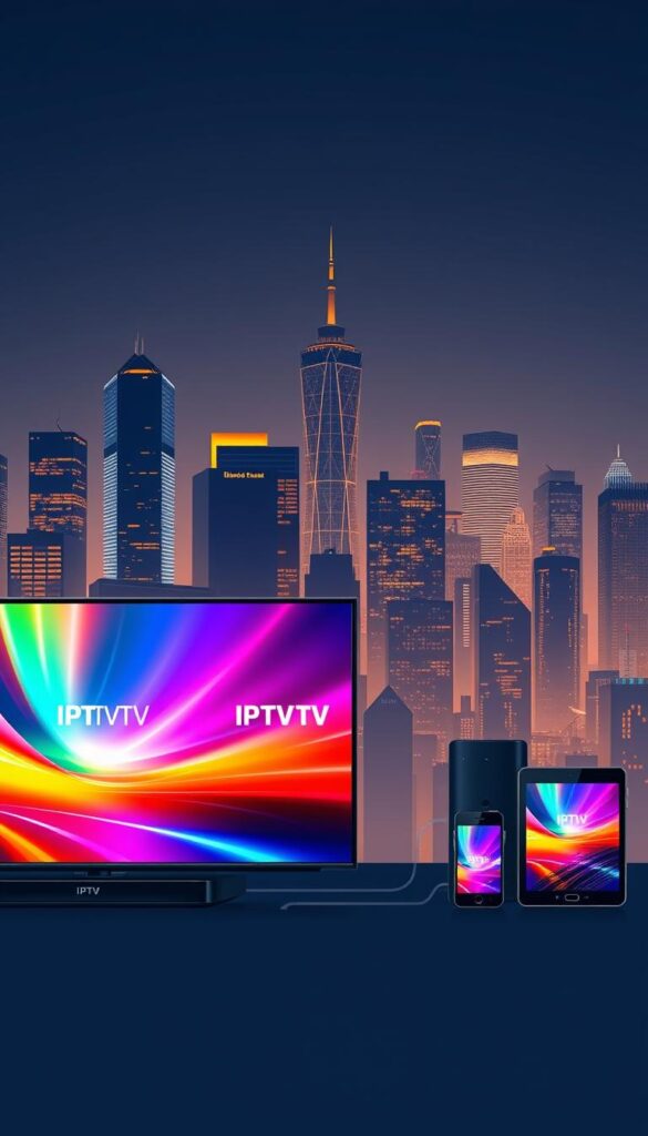 A sleek, modern illustration of IPTV technology. In the foreground, a high-definition screen displays a vibrant, colorful interface, showcasing the IPTVANBIETERTV brand. The middle ground features various connected devices, such as smart TVs, smartphones, and tablets, highlighting the versatility of IPTV. In the background, a cityscape with towering skyscrapers and a glowing night sky creates a dynamic, urban atmosphere. The scene is illuminated by warm, directional lighting, casting subtle shadows and highlights that enhance the technological aesthetic. The overall composition conveys the advanced, user-friendly, and widespread nature of IPTV technology.