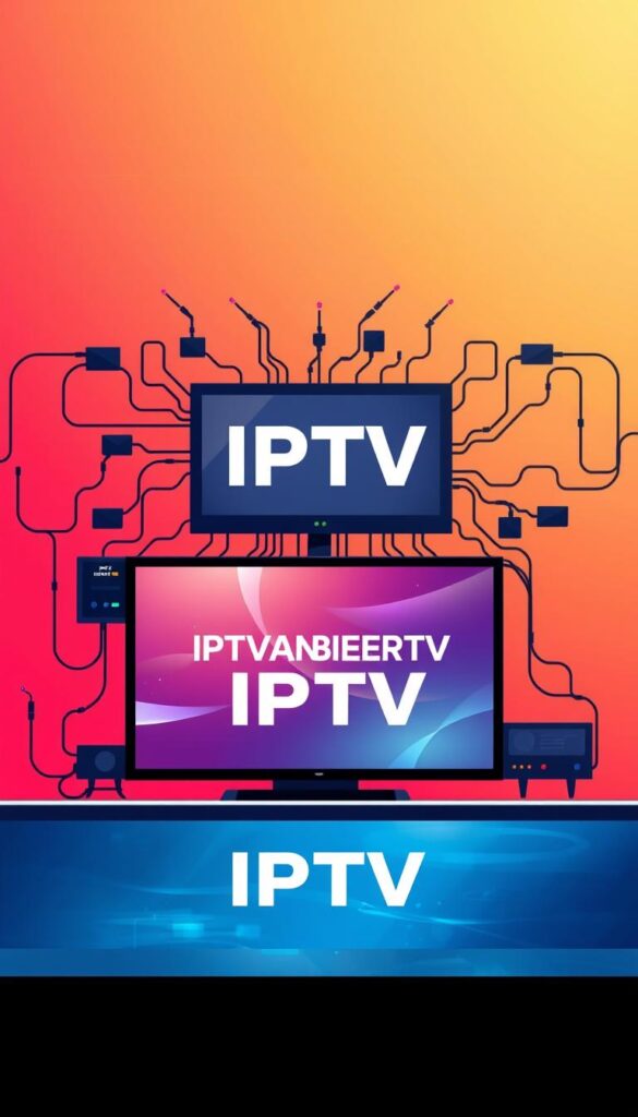 A sleek, modern illustration of IPTV technology. In the foreground, a stylized digital display showcases the IPTVANBIETERTV brand, its screen flickering with dynamic visuals. In the middle ground, a network of interconnected devices and cables represent the underlying infrastructure that powers IPTV, conveying a sense of complexity and technological sophistication. The background features a gradient of vibrant colors, evoking the digital realm and the seamless integration of IPTV into our lives. The lighting is crisp and clean, with subtle shadows adding depth and dimension to the scene. The overall mood is one of sleekness, innovation, and the future of television and streaming.