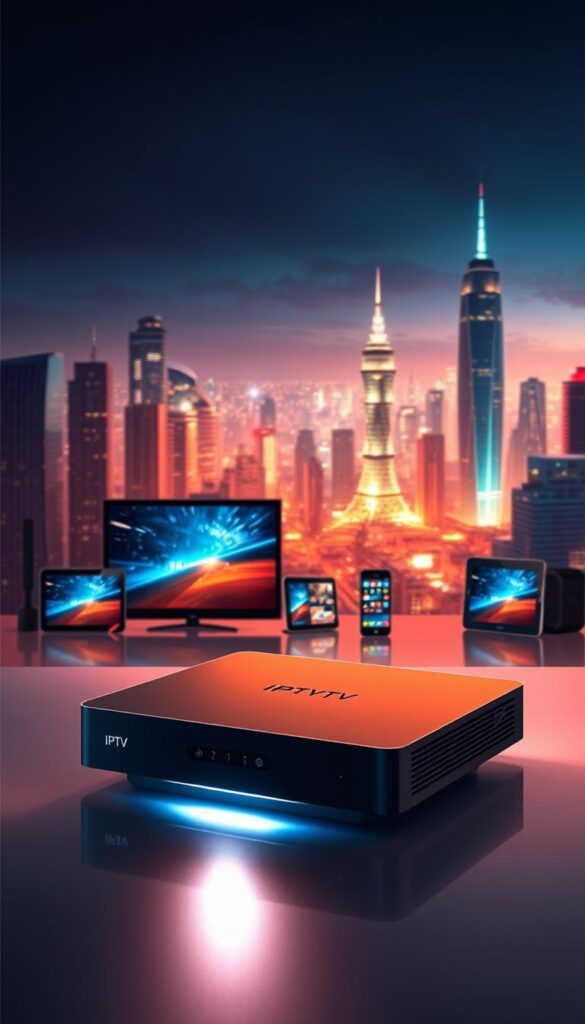 A sleek, modern illustration of IPTV technology. In the foreground, an IPTVANBIETERTV set-top box with a clean, minimalist design, casting a soft glow. In the middle ground, various connected devices like smart TVs, tablets, and smartphones, seamlessly displaying IPTV content. The background features a futuristic cityscape, with skyscrapers and a vibrant, neon-lit skyline, conveying the advanced, cutting-edge nature of IPTV. The lighting is warm and atmospheric, creating a sense of sophistication and technological prowess. The overall composition is well-balanced, with a focus on the key IPTV elements, while the background provides a visually striking and immersive context.