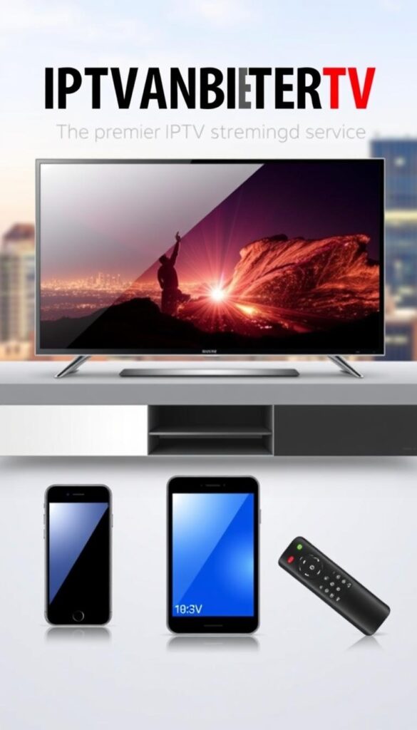 A sleek, modern illustration of IPTVANBIETERTV, the premier IPTV streaming service. A stylized TV screen dominates the foreground, displaying a vibrant, high-definition video feed. The screen is flanked by minimalist control panels, evoking the seamless user interface. In the middle ground, a trio of smart devices - a smartphone, tablet, and remote control - represent the multi-platform accessibility of the service. The background features a softly blurred cityscape, hinting at the global reach and versatility of IPTVANBIETERTV. The overall mood is one of technological sophistication, convenience, and entertainment at the fingertips.