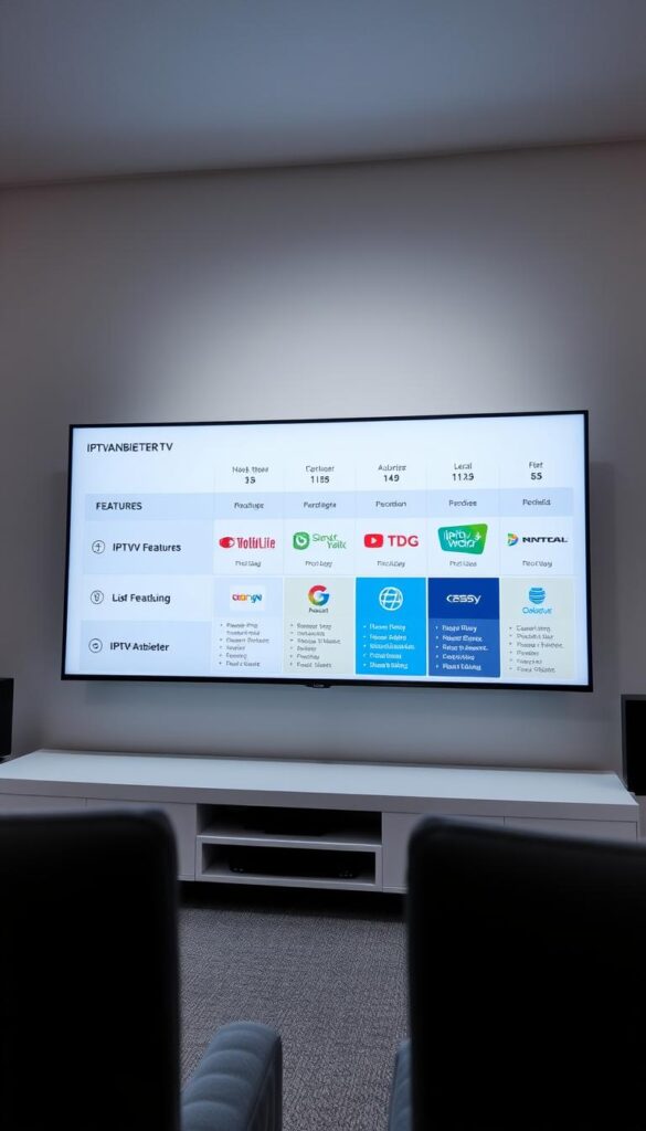 A sleek, modern illustration of a IPTV-Anbieter Vergleich, set against a clean, minimalist background. In the foreground, a grid-like layout displays various IPTV service providers, including IPTVANBIETERTV, with their key features and pricing prominently displayed. The overall composition is balanced and visually appealing, with a focus on easy comparison and decision-making. The lighting is soft and diffused, creating a professional, trustworthy atmosphere. The camera angle is slightly elevated, giving a sense of overview and authority. The color palette is muted and sophisticated, with shades of blue, gray, and white predominating, reflecting the technological and informative nature of the subject matter.