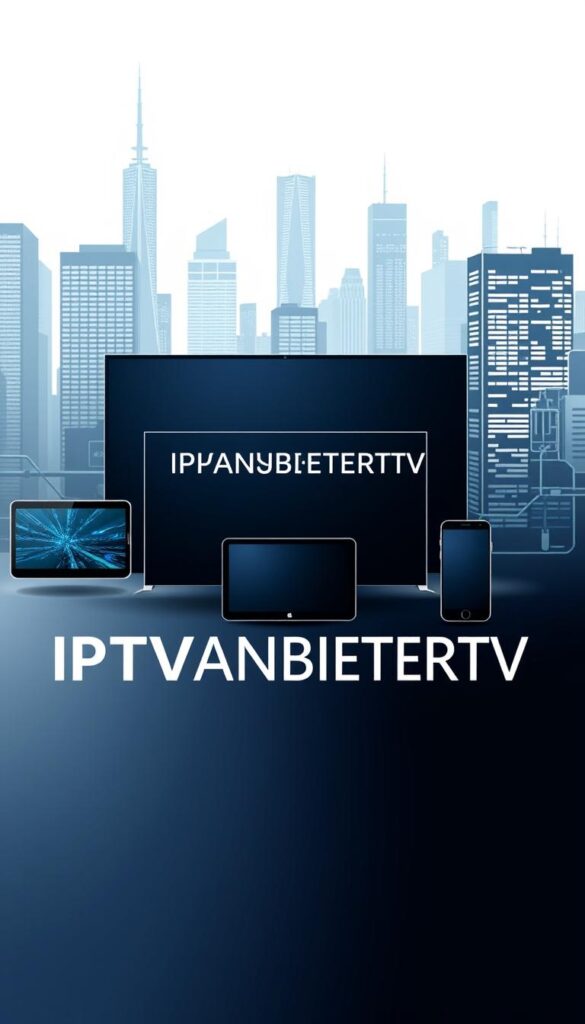A sleek, modern illustration of an IPTV service provider. In the foreground, the brand name "IPTVANBIETERTV" is prominently displayed in a clean, minimalist font against a gradient background. The middle ground features various digital devices, such as a smart TV, a tablet, and a smartphone, showcasing the accessibility and versatility of the IPTV service. The background depicts a cityscape with skyscrapers and technological elements, conveying a sense of advanced infrastructure and connectivity. The lighting is soft and diffused, creating a professional and elegant atmosphere. The overall composition is balanced and visually appealing, reflecting the reliable and sophisticated nature of the IPTV provider.