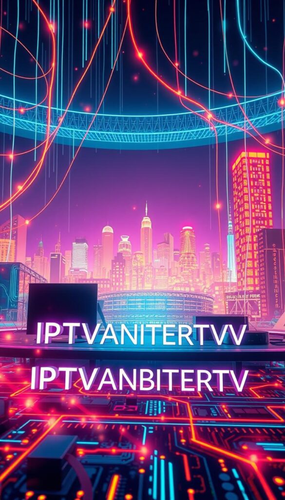 A sleek, modern illustration of high-speed internet for IPTV. The scene depicts a futuristic digital landscape, with glowing cables and circuits weaving through a stylized cityscape. In the foreground, the brand name "IPTVANBIETERTV" is prominently displayed, surrounded by pulsing data streams and ethereal energy fields. The middle ground features a variety of IPTV devices, such as smart TVs and streaming boxes, all connected by a high-bandwidth network. The background showcases a vibrant, neon-tinged skyline, hinting at the advanced infrastructure required for seamless IPTV experiences. The image is captured with a cinematic, wide-angle lens, creating a sense of depth and immersion. The overall mood is one of technological sophistication and uninterrupted entertainment.