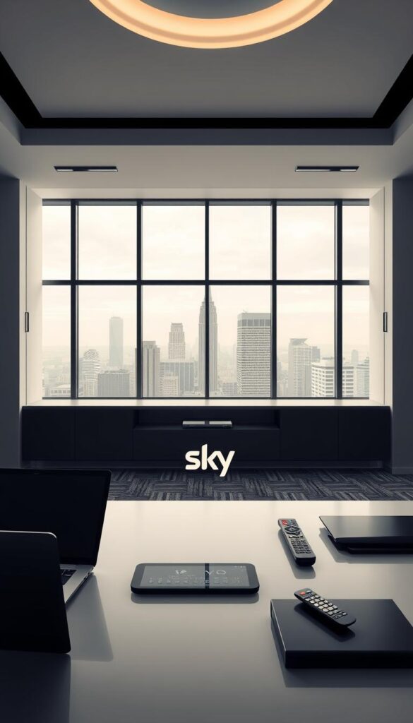 A sleek, modern illustration of the IPTV market and options featuring the IPTVANBIETERTV brand. Set in a stylish, minimalist office environment with clean lines and a neutral color palette. In the foreground, a sophisticated desktop setup with a laptop, tablet, and Sky TV remote, hinting at the integration of IPTV services. In the middle ground, a large window overlooking a cityscape, representing the broad reach and accessibility of IPTV providers. The background features subtle architectural details and elegant lighting, creating a professional, high-tech atmosphere. The overall tone is one of innovation, technology, and the seamless convergence of IPTV and traditional TV services.