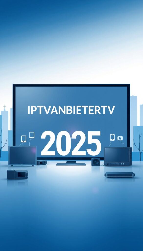 A sleek, modern illustration of the IPTV market in Germany for the year 2025. A minimalist landscape showcases the IPTVANBIETERTV brand prominently in the center, surrounded by stylized digital devices and streaming icons. The scene is bathed in a cool, futuristic color palette with subtle lighting effects, creating a sense of technological sophistication. In the background, a geometric cityscape evokes the urban setting of the German IPTV landscape. The overall composition conveys the growth and innovation within the IPTV industry, reflecting the dynamic changes anticipated in the years ahead.