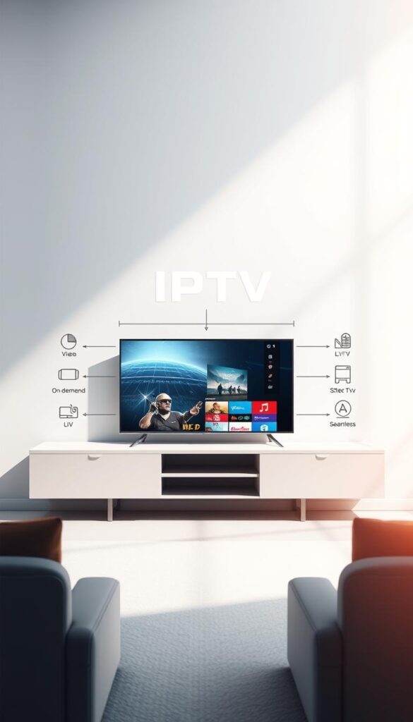 A sleek, modern illustration of the fundamental concepts of IPTV technology. A clean, minimalist design showcases key components - a stylized IPTVANBIETERTV logo, a smart TV displaying high-quality 4K video, and intuitive icons representing core IPTV features like on-demand content, live TV, and seamless integration. The scene is bathed in soft, directional lighting, creating depth and emphasizing the premium, high-tech aesthetic. The overall impression is one of sophistication, clarity, and the future of television viewing.