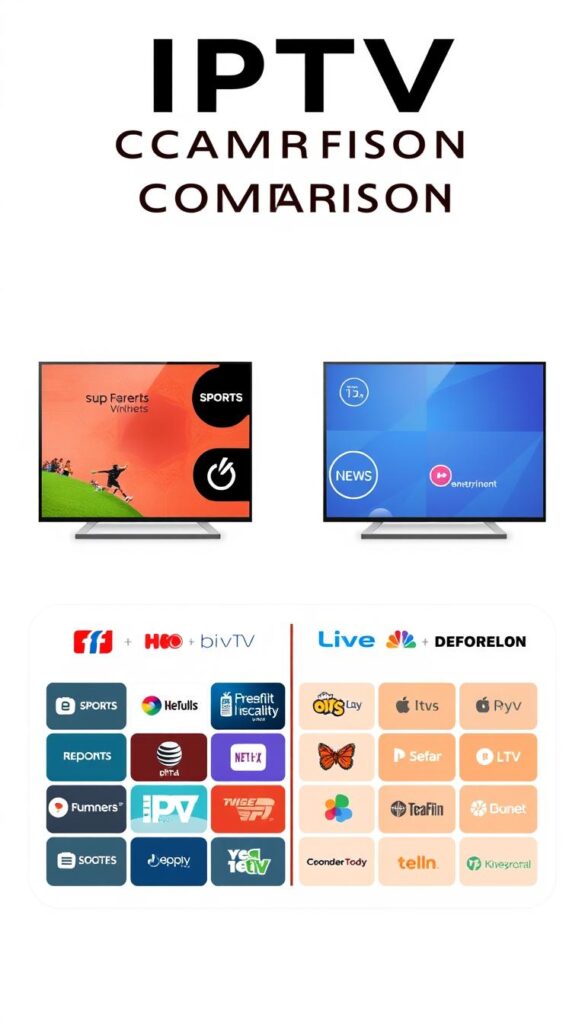 A sleek, modern illustration showcasing a side-by-side comparison of IPTV channel selections from various providers. In the foreground, a minimalist, flat design layout presents neatly organized tiles representing popular IPTV channels like sports, news, and entertainment. The middle ground features stylized icons and logos for the IPTVANBIETERTV brand and other leading IPTV service providers. The background maintains a clean, neutral palette with subtle textures, allowing the channel comparisons to take center stage. The overall composition conveys a sense of professionalism, clarity, and utility, perfectly suited to illustrate the IPTV channel comparison section of the article.