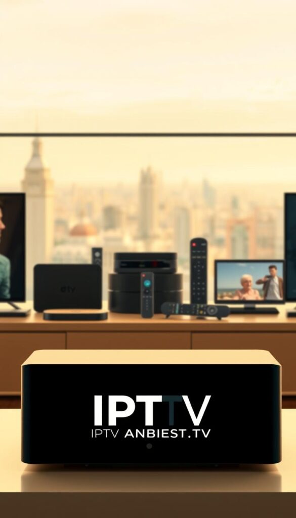A sleek, modern illustration showcasing legal IPTV offerings in Germany. In the foreground, the brand "IPTVANBIETERTV" is prominently displayed, with a clean, minimalist design. The middle ground features a selection of streaming devices, remote controls, and various content icons, conveying the diverse range of legal IPTV services available. The background depicts a softly blurred cityscape, hinting at the ubiquity and accessibility of these legal IPTV options. The scene is illuminated by warm, natural lighting, creating a welcoming and trustworthy atmosphere. The overall composition strikes a balance between simplicity and informativeness, reflecting the legal and transparent nature of the IPTV landscape in Germany.