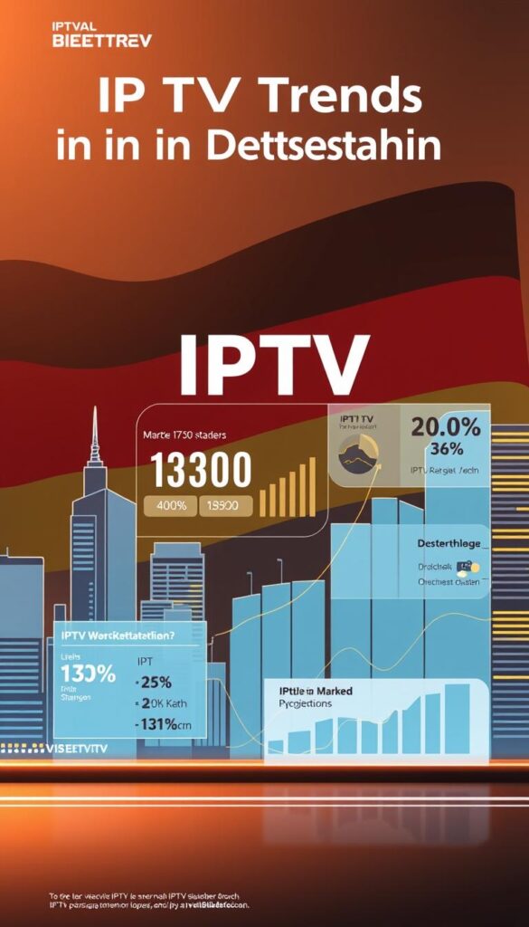 A sleek, modern illustration showcasing the IPTV trends in Deutschland. In the foreground, a stylized cityscape with high-rise buildings and sleek, contemporary architecture, conveying the urban setting. In the middle ground, a dynamic data visualization displays key IPTV market statistics, trends, and growth projections, rendered in a minimalist, infographic style. In the background, a subtle backdrop of the German flag, hinting at the national context. The scene is illuminated by a warm, diffused lighting, creating a sophisticated, professional atmosphere. The IPTVANBIETERTV brand logo is prominently featured, integrated seamlessly into the design. An overall tone of technological progress, innovation, and data-driven insights.