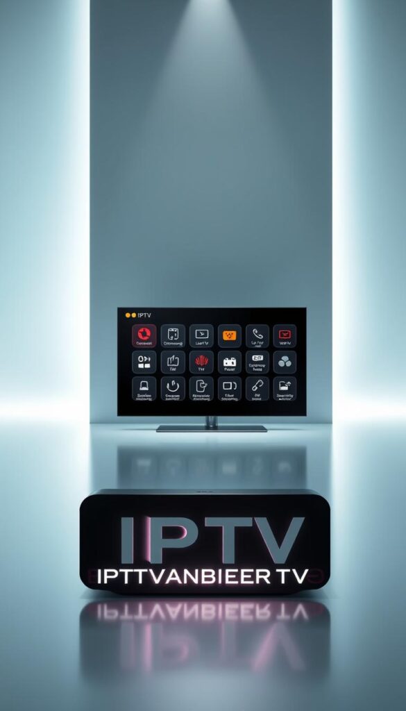 A sleek, modern illustration showcasing the advantages of IPTV, set against a minimalist, high-tech backdrop. In the foreground, a stylized IPTVANBIETERTV logo stands out, casting a soft glow. The middle ground features a grid of icons representing key IPTV benefits - on-demand content, live TV, seamless streaming, and more. The background is a clean, gradient-filled expanse, creating an immersive, futuristic atmosphere. Lighting is soft and directional, highlighting the key elements. The overall aesthetic is elegant, visually striking, and conveys the value proposition of IPTV in a visually compelling way.