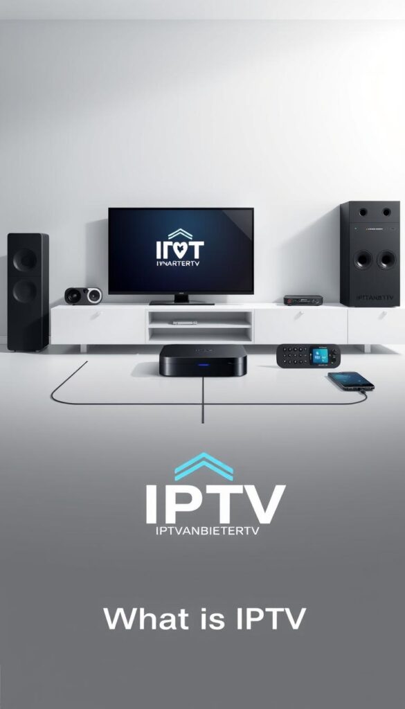 A sleek, modern illustration showcasing the essential components of an IPTV setup. In the foreground, a stylized IPTVANBIETERTV logo takes center stage, conveying the brand's identity. The middle ground features a variety of devices, including a smart TV, a streaming box, and a mobile device, all connected through a seamless network. In the background, a clean, minimalist room setting with subtle lighting creates a sense of sophistication and technological integration. The overall composition emphasizes the convenience, versatility, and reliability of the IPTV system, capturing the essence of the "What is IPTV" section.