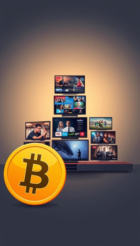 A sleek, modern illustration showcasing the extensive channel selection of IPTVANBIETERTV. Set against a minimalist, monochromatic background, the focus is on a stack of television screens displaying a diverse array of programming - from live news and sports to popular movies and TV shows. The screens are bathed in a soft, warm lighting, creating a premium, high-quality feel. In the foreground, a stylized Bitcoin symbol prominently represents the platform's cryptocurrency payment option, seamlessly integrated into the overall design. The composition conveys a sense of sophisticated technology, entertainment variety, and convenient digital transactions.