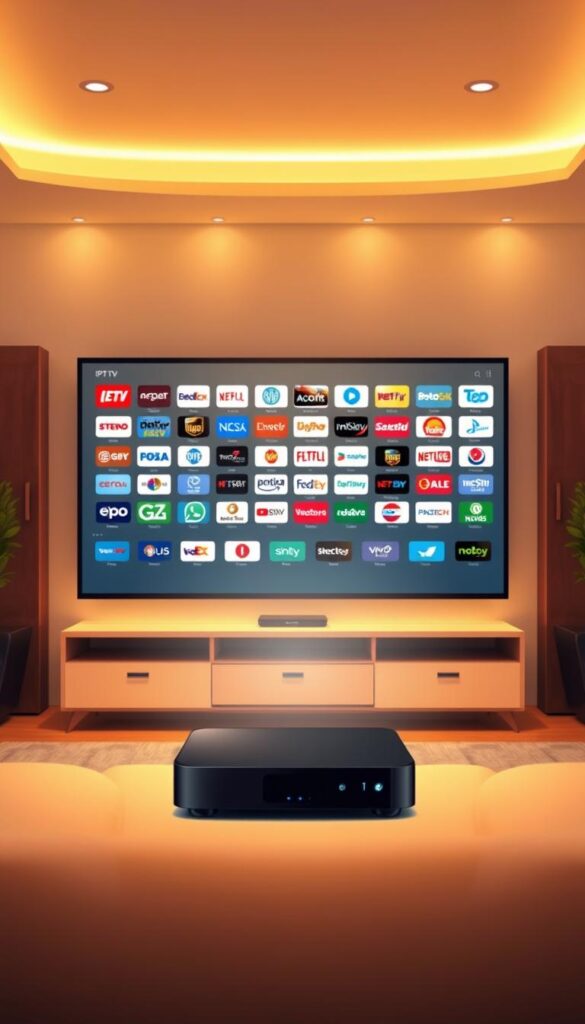 A sleek, modern illustration showcasing the international IPTV offering of IPTVANBIETERTV. A stylish living room setting with a large, high-definition TV screen displaying a diverse array of global channel logos and content. The scene is bathed in warm, ambient lighting, creating a cozy and inviting atmosphere. In the foreground, a minimalist entertainment system with a state-of-the-art IPTV set-top box prominently displayed. The middle ground features a comfortable sofa and coffee table, highlighting the domestic setting where one can enjoy the international IPTV experience. The background subtly hints at a multicultural, globalized world through abstract patterns and shapes. The overall composition conveys the convenience, variety, and immersive nature of IPTVANBIETERTV's international IPTV service.