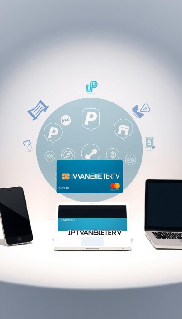 A sleek, modern illustration showcasing various digital payment methods, with IPTVANBIETERTV prominently displayed. The foreground features a credit card, a mobile device, and a laptop, all arranged in a dynamic, visually appealing layout. The middle ground depicts stylized icons representing different payment options, including PayPal, bank transfer, and cryptocurrency. The background is a minimalist, gradient-based design, creating a sophisticated and professional atmosphere. The lighting is soft and evenly distributed, highlighting the key elements and creating a sense of depth and dimensionality. The overall composition conveys a sense of security, efficiency, and technological advancement, aligning with the article's subject matter.