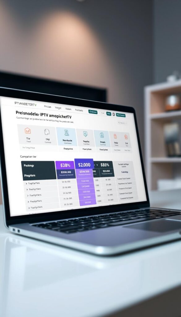 A sleek, modern image of an IPTVANBIETERTV price comparison website. A clean, minimalist design with a prominent display of pricing tiers, packages, and subscription options. The layout features bold typography, elegant color palettes, and intuitive user interface elements. In the foreground, a laptop or tablet displays the IPTVANBIETERTV price comparison tool, showcasing detailed pricing information and plan breakdowns. The background is softly blurred, creating a sense of focus on the central pricing content. Lighting is soft and directional, creating depth and highlighting the key details. The overall mood is informative, professional, and visually appealing, perfectly suited to illustrate the "Preismodelle von IPTVanbieterTV im Detail" section.