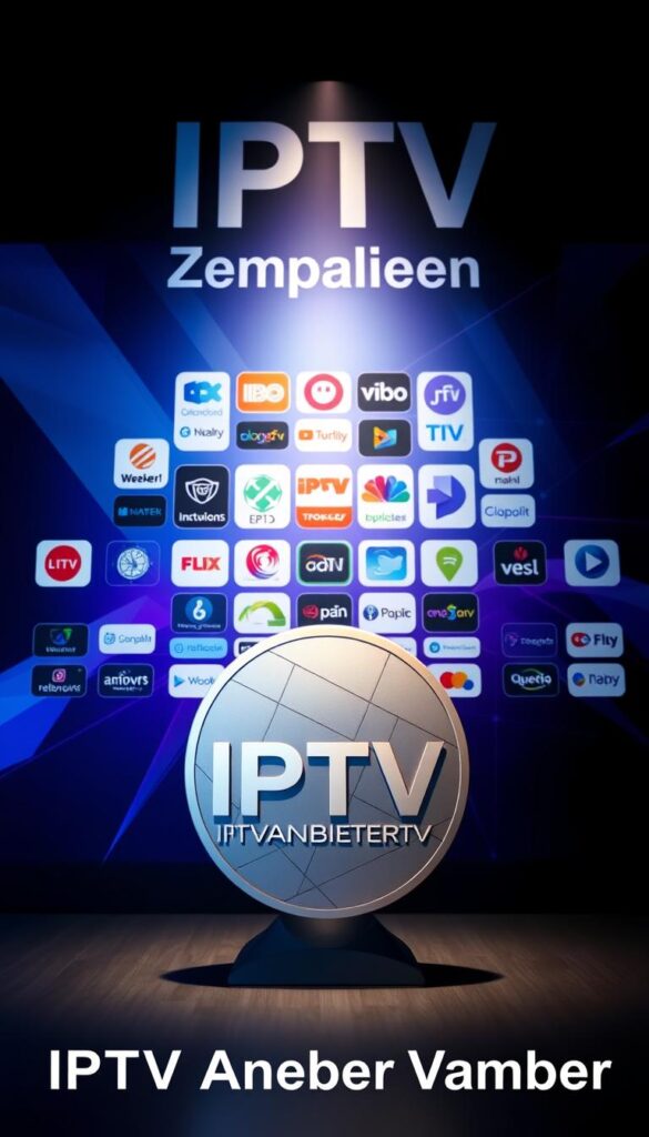 A sleek, modern image showcasing a comparison of IPTV providers. In the foreground, the IPTVANBIETERTV brand logo stands prominently, rendered in a minimalist, high-tech style with clean lines and a metallic sheen. Behind it, a grid-like arrangement of various IPTV service icons and logos, each detailed and vibrant, conveying the breadth of options available. The middle ground features a dynamic, abstract background with geometric shapes and gradients in shades of blue and purple, evoking a sense of digital connectivity and technological innovation. Subtle lighting from the side casts dramatic shadows, adding depth and dimension to the scene. The overall mood is professional, informative, and visually captivating, perfectly suited to illustrate the "IPTV Anbieter Vergleich" section of the article.