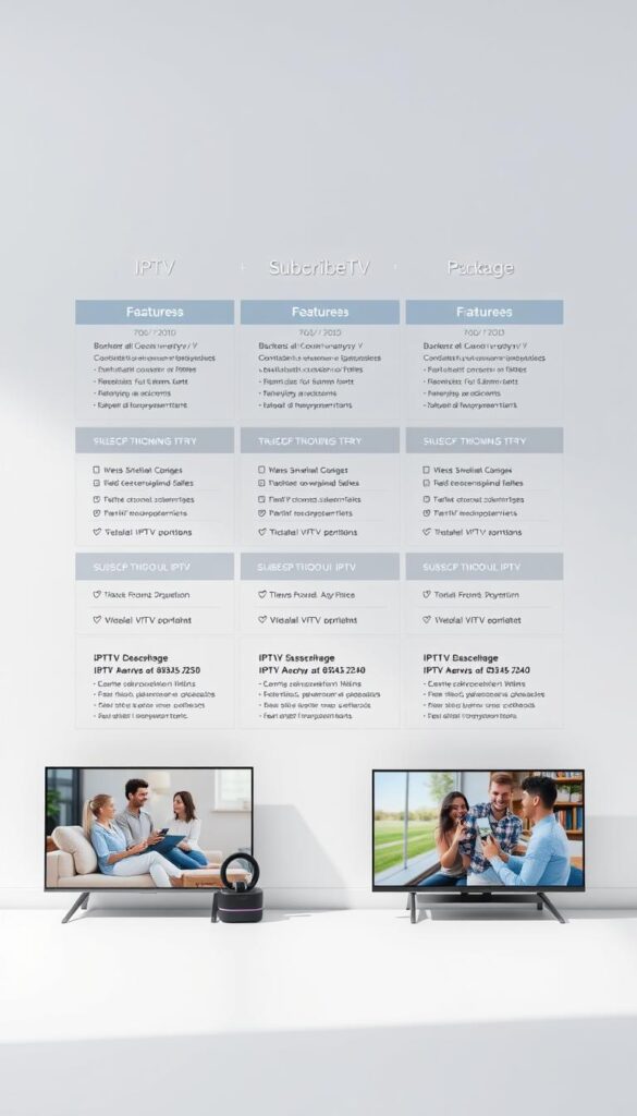 A sleek, modern image showcasing the pricing and package options of IPTVANBIETERTV. Set against a minimalist background, display an array of IPTV packages with clear pricing, features, and subscription details. Use clean typography, geometric shapes, and a cool color palette to convey a sense of professionalism and reliability. Incorporate lifestyle imagery of people enjoying IPTV content on various devices to highlight the user experience. Utilize a high-key lighting setup with subtle shadows to create depth and emphasize the key elements. Shoot from a slightly elevated angle to give the composition a polished, editorial feel.