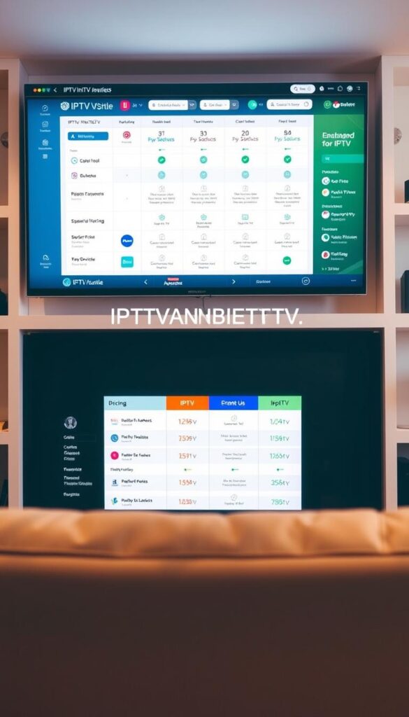 A sleek, modern interface displaying a comprehensive comparison of IPTV providers, showcasing their features, pricing, and device compatibility. The layout is clean and visually appealing, with clear icons and infographics to highlight key information. The brand name "IPTVANBIETERTV" is prominently displayed, conveying authority and expertise in the IPTV market. The scene is bathed in a soft, warm lighting that creates a welcoming and trustworthy atmosphere, inviting the viewer to explore the options and make an informed decision. The overall composition is balanced and well-designed, making it an ideal illustration for the article's section on understanding IPTV.