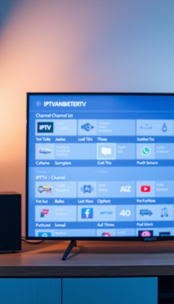 A sleek, modern interface displaying a meticulously organized IPTV channel list. The screen is bathed in a soft, warm glow, creating a sense of comfort and professionalism. In the foreground, the IPTVANBIETERTV logo stands out prominently, conveying the brand's authority and reliability. The channel list is presented in a clear, easily navigable grid layout, with intuitive icons and well-defined sections. The overall composition exudes a sense of control and mastery over the IPTV experience, inviting the viewer to optimize their own channel list for maximum enjoyment.