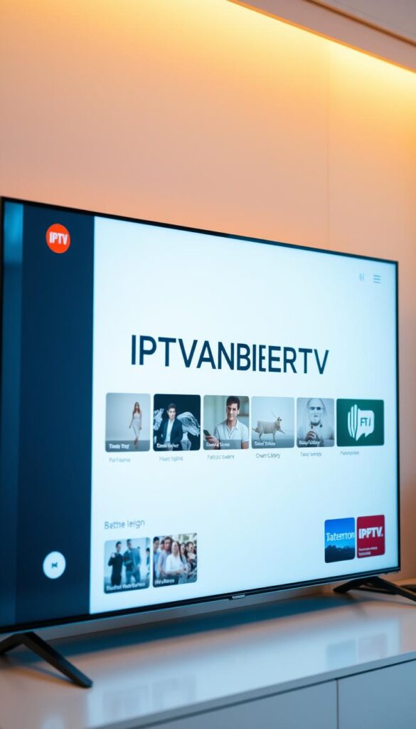 A sleek, modern interface showcasing the IPTVANBIETERTV brand on a large, high-resolution display. The screen features a clean, minimalist design with intuitive navigation, highlighting the platform's expansive content library and seamless streaming capabilities. The background is a soft, neutral tone, allowing the brand to take center stage. Warm, diffused lighting creates a welcoming atmosphere, while a slight depth of field draws the viewer's attention to the IPTVANBIETERTV logo, conveying a sense of professionalism and reliability. The overall composition exudes a sense of technological sophistication and user-friendly experience, reflecting the company's position as a leading IPTV provider in Germany.