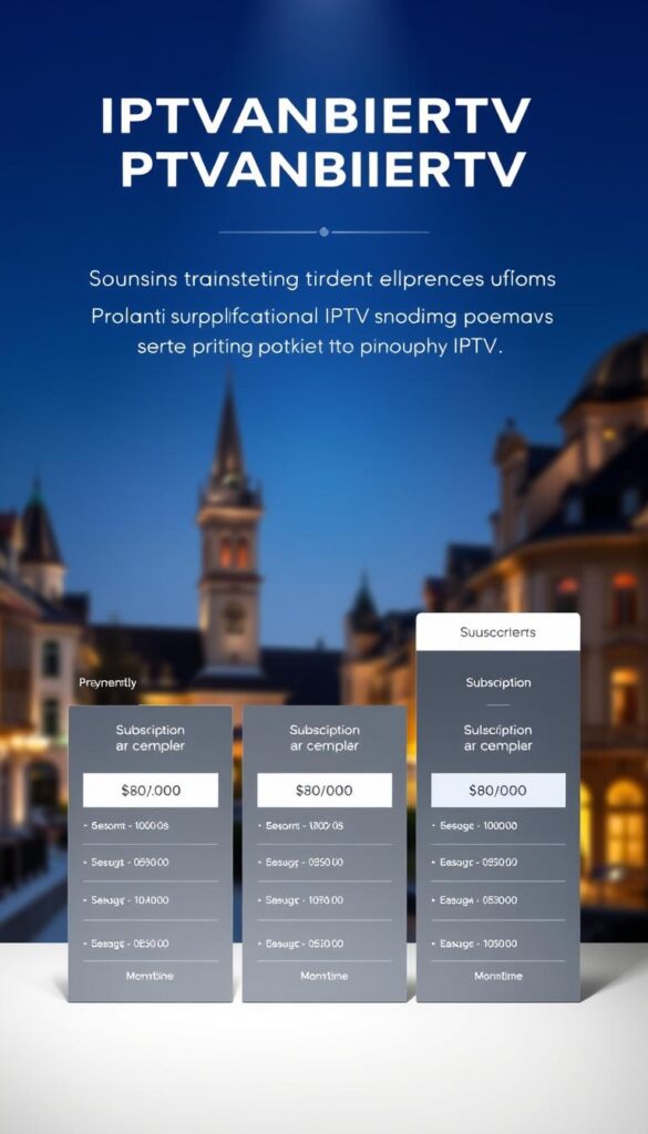 A sleek, modern interface showcasing the attractive pricing plans and subscription options for IPTVANBIETERTV, a leading IPTV provider in Germany. The layout features clean typography, elegant iconography, and a sophisticated color palette of blues and grays. The foreground highlights the monthly and annual pricing tiers, while the background depicts a cityscape of German architecture, conveying a sense of urban sophistication. Subtle lighting and soft focus create a polished, professional aesthetic suitable for an informative article on IPTV services.