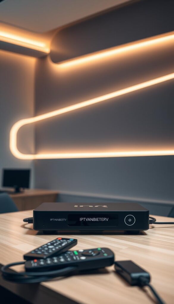 A sleek, modern interior setting with sophisticated lighting and clean lines. On a minimalist, wooden table, a high-quality IPTVANBIETERTV set-top box sits prominently, surrounded by various device remotes and cables. The background features a minimalist, gray wall, accentuating the device's stylish design. The lighting is warm and inviting, creating a cozy, professional atmosphere. The overall composition emphasizes the IPTVANBIETERTV device's premium quality and the attention to detail in its pricing and subscription options.